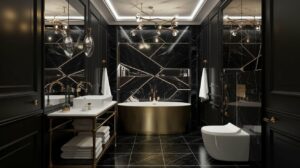 Modern Luxury bathroom with black wall and gols color lines - cordoba decor