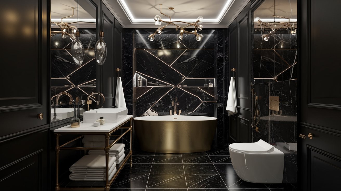 Modern Luxury bathroom with black wall and gols color lines - cordoba decor