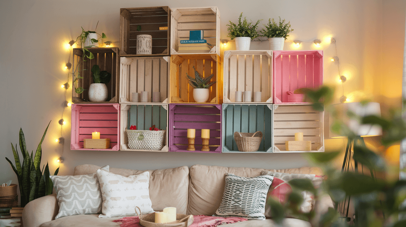 DIY Crate Wall for having cozy living room