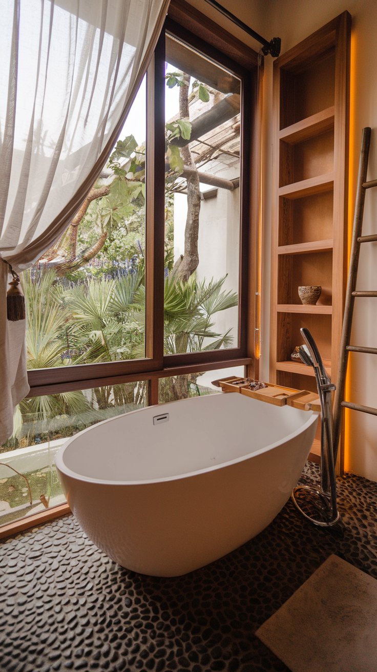 A freestanding tub sits by a large window with a view of lush greenery. Warm wooden accents and pebble-textured tiles create a connection to nature. The scent of lavender fills the air, making every moment feel like a retreat.