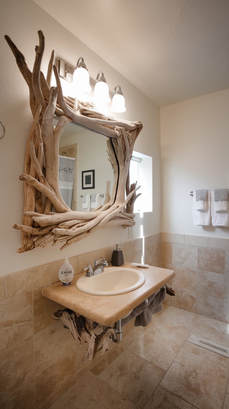 a-bathroom-with-a-mirror-framed-by-drift wood - DIY home deco - cordobadecor