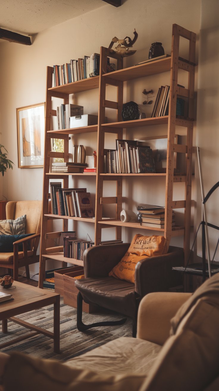 Cozy Living Room Bookshelf  with crates- Cordoba decor