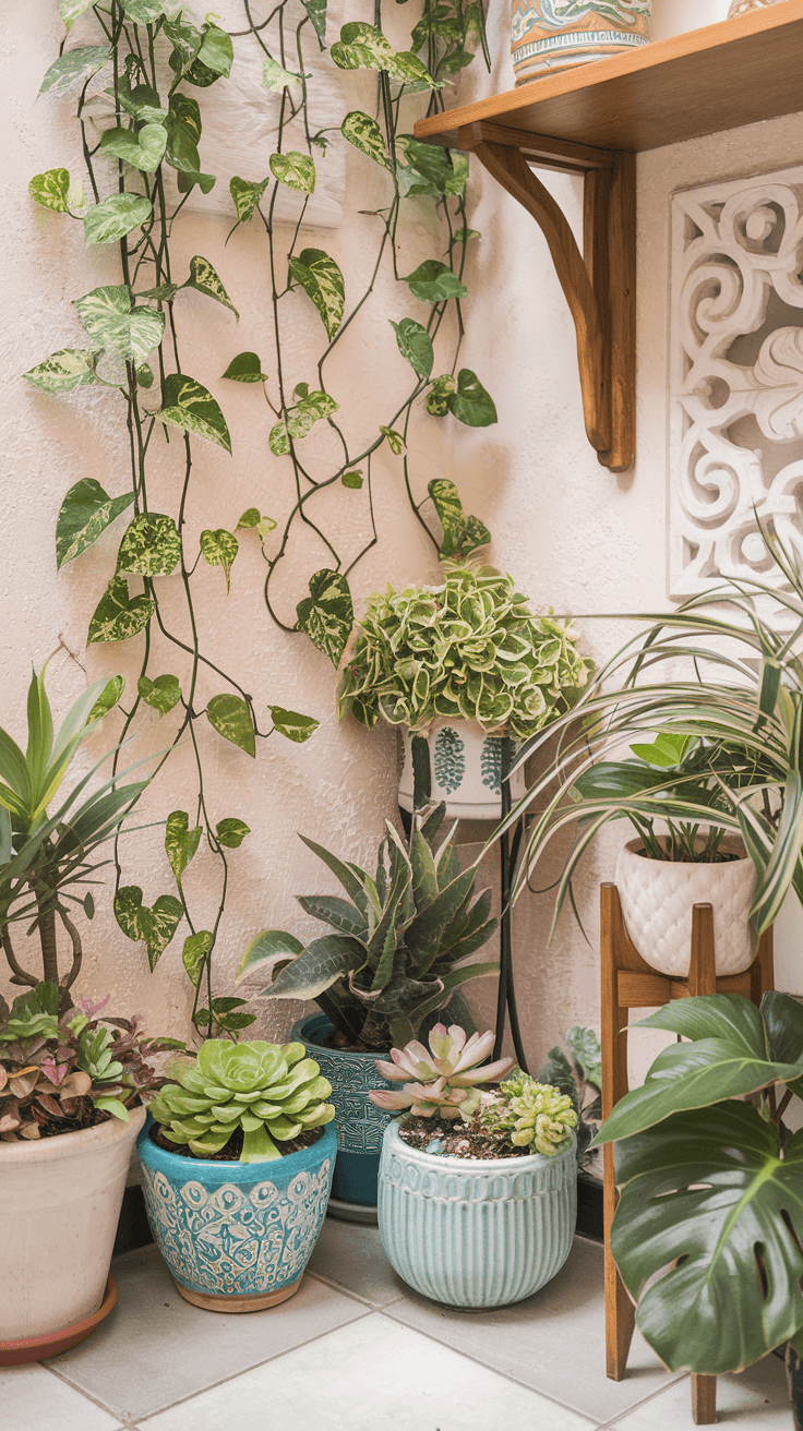 corner shelves filled with flowers