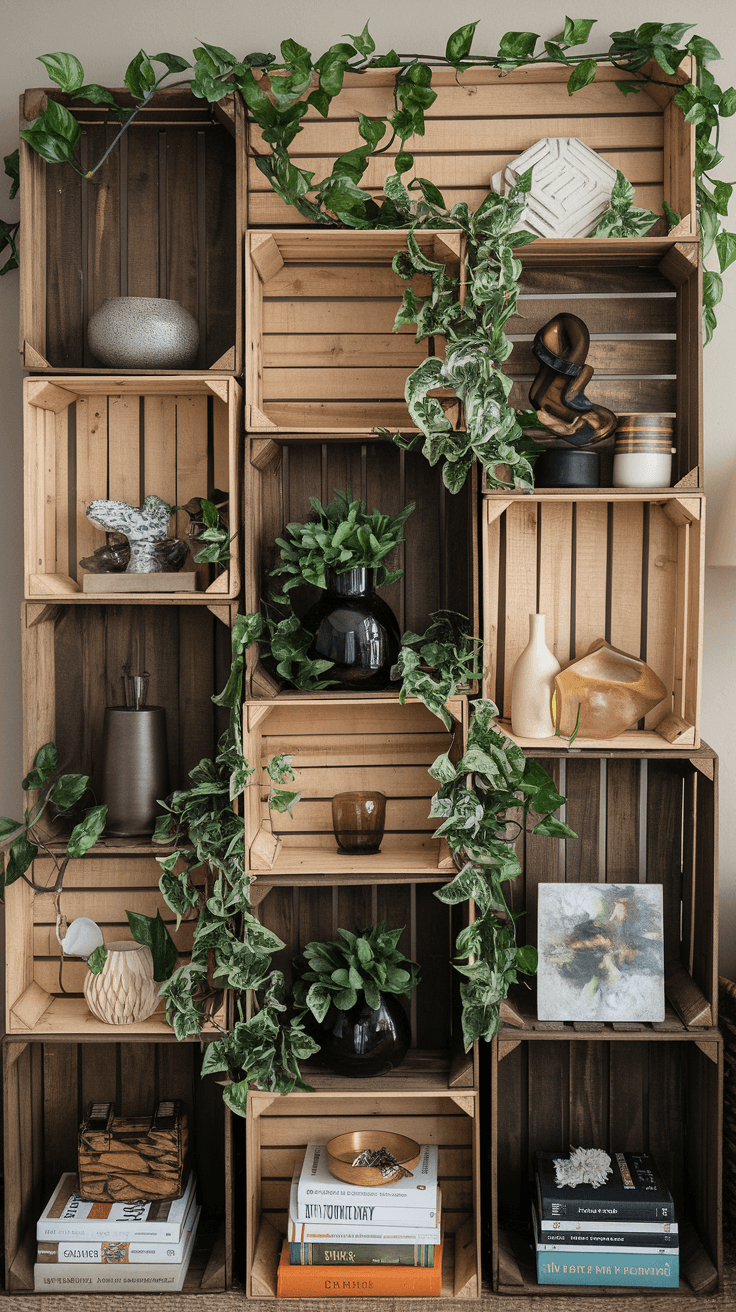 crate wall decorated with green plants - cordoba decor